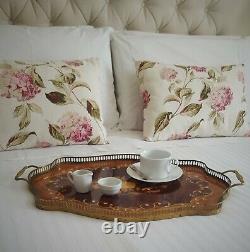 Vtg Antique Sheraton Revival Style Marquetry Wood & Brass Gallery Serving Tray