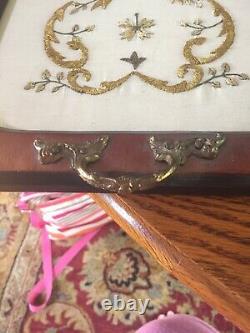 Vtg/Antique Wood Serving Tray With Handlesembroidery Gold Threads art Deco