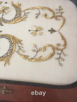 Vtg/Antique Wood Serving Tray With Handlesembroidery Gold Threads art Deco