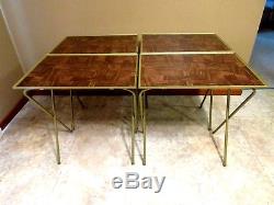 Vtg Brown Faux Wood TV Trays Metal Gold Legs with Rolling Stand Set of 4 MINT