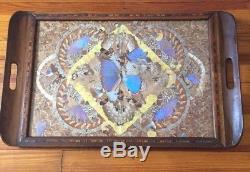 Vtg Butterfly Art Inlaid Wood Serving Tray Glass Cover 24.5 x 15 1/4