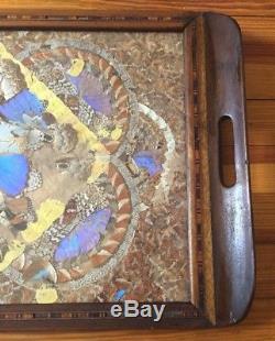 Vtg Butterfly Art Inlaid Wood Serving Tray Glass Cover 24.5 x 15 1/4