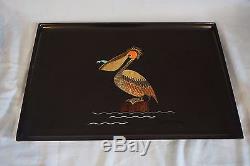 Vtg Couroc Black Serving Tray Wood Inlay Brass Pelican Bird Nautical 18 X 12