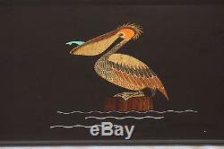 Vtg Couroc Black Serving Tray Wood Inlay Brass Pelican Bird Nautical 18 X 12