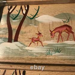 Vtg Hand-Paint Wood Serving Tray Set White Tail Deer Wildlife Japan Wooden Bambi