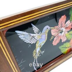 Vtg Iridescent Blue Morpho Butterfly Wing Hummingbird Hibiscus Inlaid Wood Tray