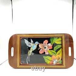 Vtg Iridescent Blue Morpho Butterfly Wing Hummingbird Hibiscus Inlaid Wood Tray