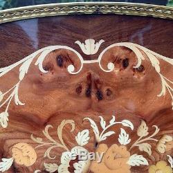 Vtg Italian Inlaid Wood Marquetry Serving Tray Ornate Brass Edging Handles 1950s