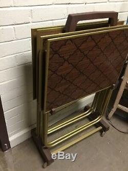 Vtg Lot Of 4 Standing Tv Trays With Stand Faux Parquet Wood Gold Trim MCM