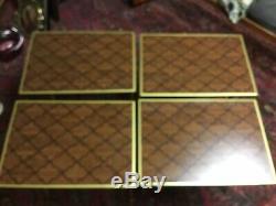 Vtg Lot Of 4 Standing Tv Trays With Stand Faux Parquet Wood Gold Trim MCM