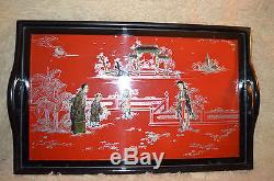 Vtg Oriental WOOD Serving Tray w 3-D Asian family/ bldgs w glass 24 SHADOW BOX