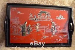 Vtg Oriental WOOD Serving Tray w 3-D Asian family/ bldgs w glass 24 SHADOW BOX