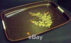 Vtg Rectangular Lacquered Wood Serving Tray Made in Japan Vinyl Wrapped Handles