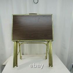Vtg Set 4 Faux Wood Grain Metal TV Trays w 2 Wheel Collapsible Stand MCM Gold