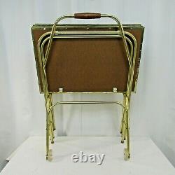 Vtg Set 4 Faux Wood Grain Metal TV Trays w 2 Wheel Collapsible Stand MCM Gold