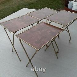 Vtg Set 4 Faux Wood Grain Metal TV Trays w 4 Wheel Collapsible Stand MCM Gold