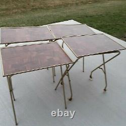 Vtg Set 4 Faux Wood Grain Metal TV Trays w 4 Wheel Collapsible Stand MCM Gold