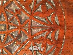 Vtg Wood Mahogany Serving Tray with Pressed Star Design Metal Handles Felt Bott