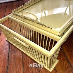 Vtg Yellow Wicker&wood Bed Breakfast Removable &adjustable Lap Tray 2 Pockets