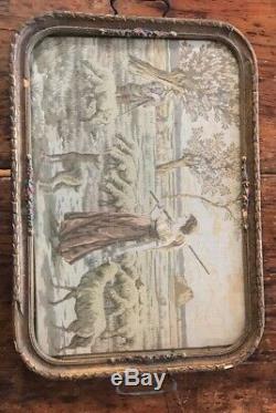 Vtg antique tapestry in glass serving tray Butler Servant's Tray Sheep Woman