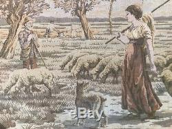 Vtg antique tapestry in glass serving tray Butler Servant's Tray Sheep Woman