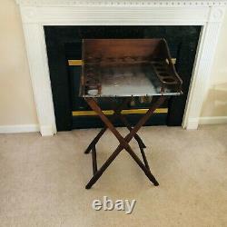 Vtg wood portable bar butler serving tray w fold stand tiny house MCM barware