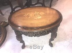WALNUT Pierced Carved Oval Inlaid Coffee Table with Glass Serving Tray