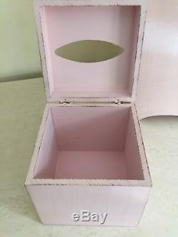 Wastebasket Tissue Box Holder Set Made In ITALY Pink Painted Scallop Wood Decor