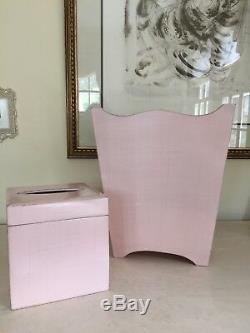 Wastebasket Tissue Box Holder Set Made In ITALY Pink Painted Scallop Wood Decor