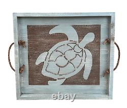 Weathered Atlantic Grey Wooden Sea Turtle Serving Tray WithRope Handles