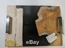 West Elm Black & Brown Teak Wood Stone Resin Misto Serving Tray 15.75w x 11.8l