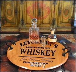Whiskey Design Barrel Head Serving Tray with Wrought Iron Handles, Home or Bar