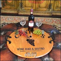 Wine Bar & Bistro Barrel Head Serving Tray withWrought Iron Handles, Home or Bar