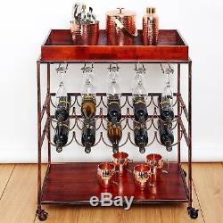 Wine Serving Cart Bottle Stem Glass Holder Kitchen Bar Antique Copper Top Tray