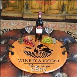 Winery & Bistro Wood Barrel Head Serving Tray withWrought Iron Handles, Home