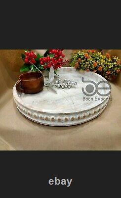 Wood Beaded Tray Decorative Farmhouse Style Distressed Whitewashed Wooden Tray