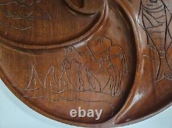 Wood Engraved Serving Tray 18D 1H, Round Brown Unmarked