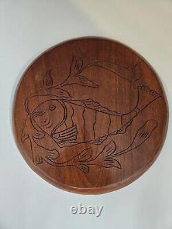 Wood Engraved Serving Tray 18D 1H, Round Brown Unmarked