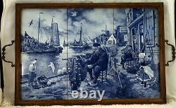 Wood Frame Serving Tray 6 Delft Blue Art Tiles Harbor Scene Signed J. C. Y. Hunvik