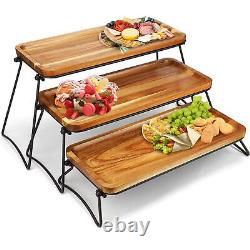 (Wood Grain Color)3 Tier Wooden Rectangle Serving Tray Large Capacity 3 Tier