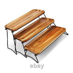 (Wood Grain Color)3 Tier Wooden Rectangle Serving Tray Large Capacity 3 Tier