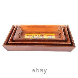 Wood Handcrafted Traditional Hand Painted Serving Tray Set Multicolour Set of 3