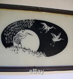 Wood Metal Glass Serving Tray with Crane Heron Herring Bird Vintage