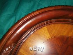 Wood Serving Tray HUGE 23 In, Round Carved Cognac Inlaid Pub Tray Table Top
