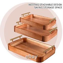 Wood Serving Tray with Handles, Decorative Tray Set of 3 with Nesting Stacking