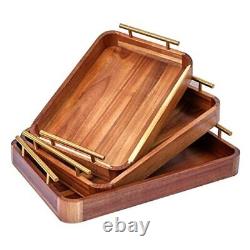 Wood Serving Tray with Handles, Decorative Tray Set of 3 with Nesting Stacking