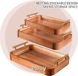 Wood Serving Tray with Handles, Decorative Tray Set of 3 with Nesting Stacking De