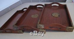 Wood Trays Stackable 3pc Chinese metal corners decoration handles vintage