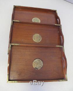 Wood Trays Stackable 3pc Chinese metal corners decoration handles vintage