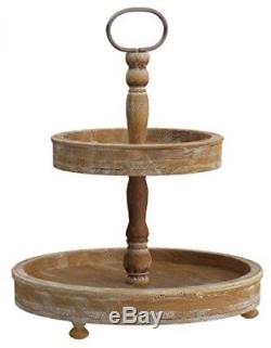 Wood Two Tier Tray Creative Co Op W Metal Handle 15 Round X 18 1/2 Height New